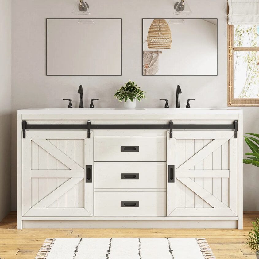 Rustic White Double Vanity Cabinet with Storage Drawers