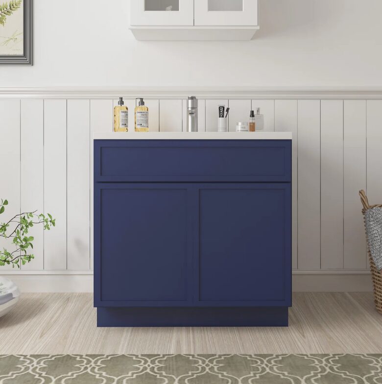 Modern Navy Shaker Vanity Base Cabinet for Custom Countertop Bathroom Remodel Projects
