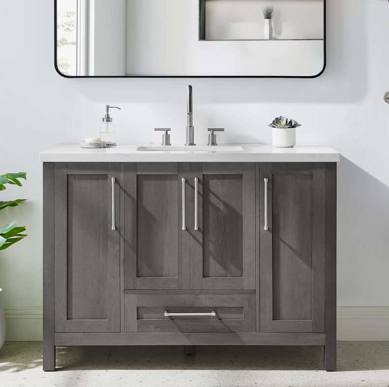 48" Solid Wood Grey Bathroom Vanity with Stone Top for Contemporary Master Bath Remodel