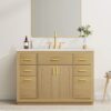 48 Inch Natural Oak Herringbone Bathroom Vanity Cabinet, 9 Storage Drawers & Soft Close Doors, Marble Countertop Undermount Sink Combo