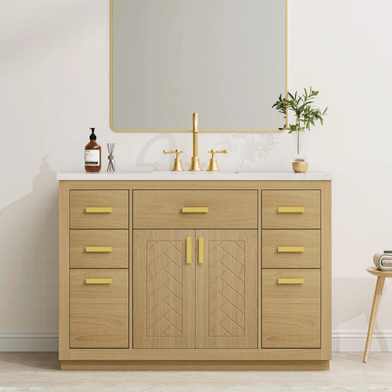 48 Inch Natural Oak Herringbone Bathroom Vanity Cabinet, 9 Storage Drawers & Soft Close Doors, Marble Countertop Undermount Sink Combo