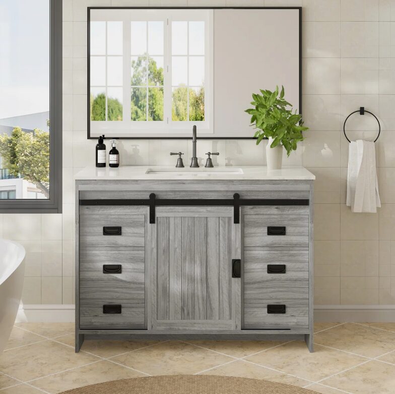 1 48" Grey Wood Farmhouse Bathroom Vanity with Single Sink Top for Master Bath Remodel