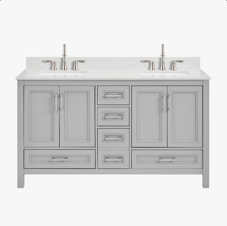 60 Inch Light Gray Shaker Double Sink Bathroom Vanity, Soft Close Doors & Drawers, White Quartz Countertop Combo