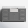 60 Inch Grey Farmhouse Single Apron Front Farm Sink Bathroom Vanity, White Quartz Countertop & Brushed Nickel Hardware