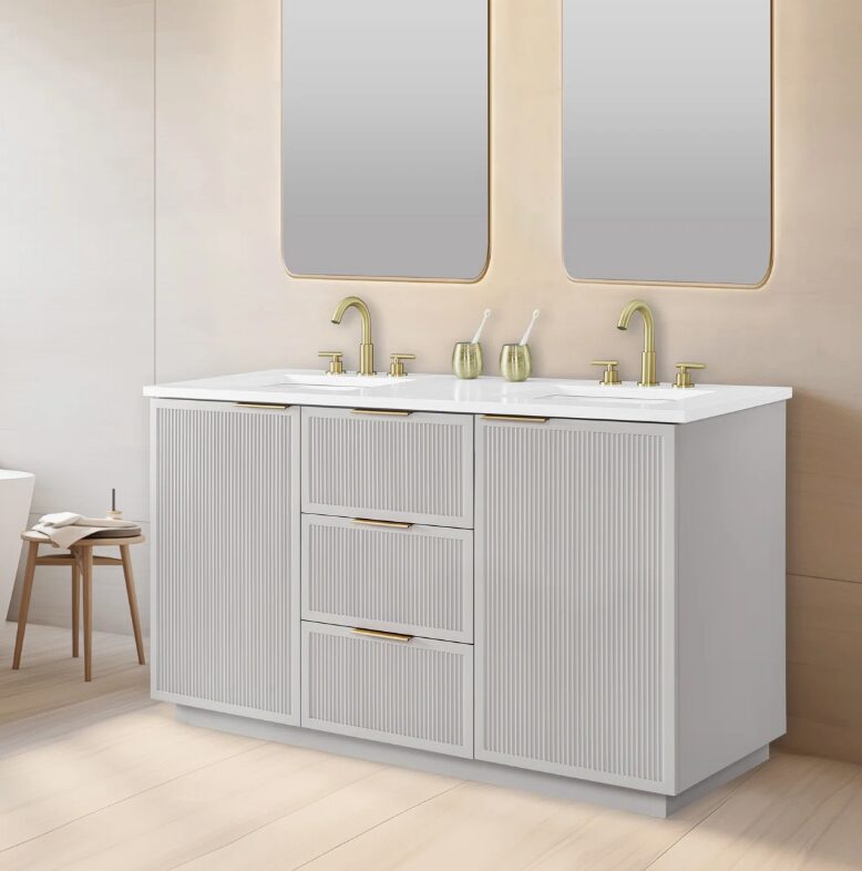 60 Inch Fluted Light Gray Double Undermount Sink Bathroom Vanity, White Quartz Countertop & Brushed Gold Hardware