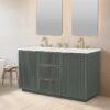 1 60 Inch Sage Green Fluted Double Undermount Sink Bathroom Vanity, White Quartz Countertop & Brushed Gold Hardware