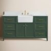 60 Inch Dark Green Farmhouse Single Farm Sink Bathroom Vanity, White Quartz Top & Brushed Gold Hardware
