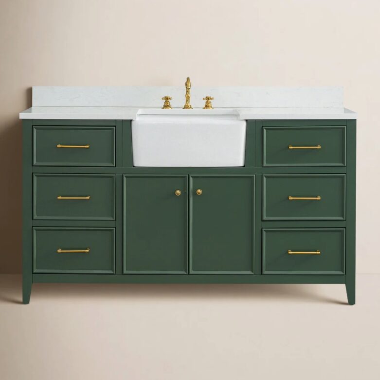 60 Inch Dark Green Farmhouse Single Farm Sink Bathroom Vanity, White Quartz Top & Brushed Gold Hardware
