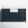 60 Inch Navy Blue Farmhouse Apron Front Single Sink Bathroom Vanity, White Quartz Countertop & Brushed Gold Hardware