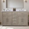 60 Inch Weathered Oak Double Undermount Sink Bathroom Vanity, White Marble Vein Quartz Top & Brushed Nickel Hardware