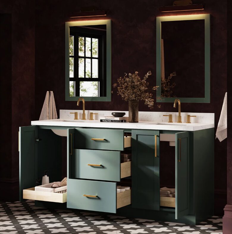 1 72 Inch Sage Green Shaker Double Undermount Sink Bathroom Vanity, White Quartz Countertop & Brushed Gold Hardware