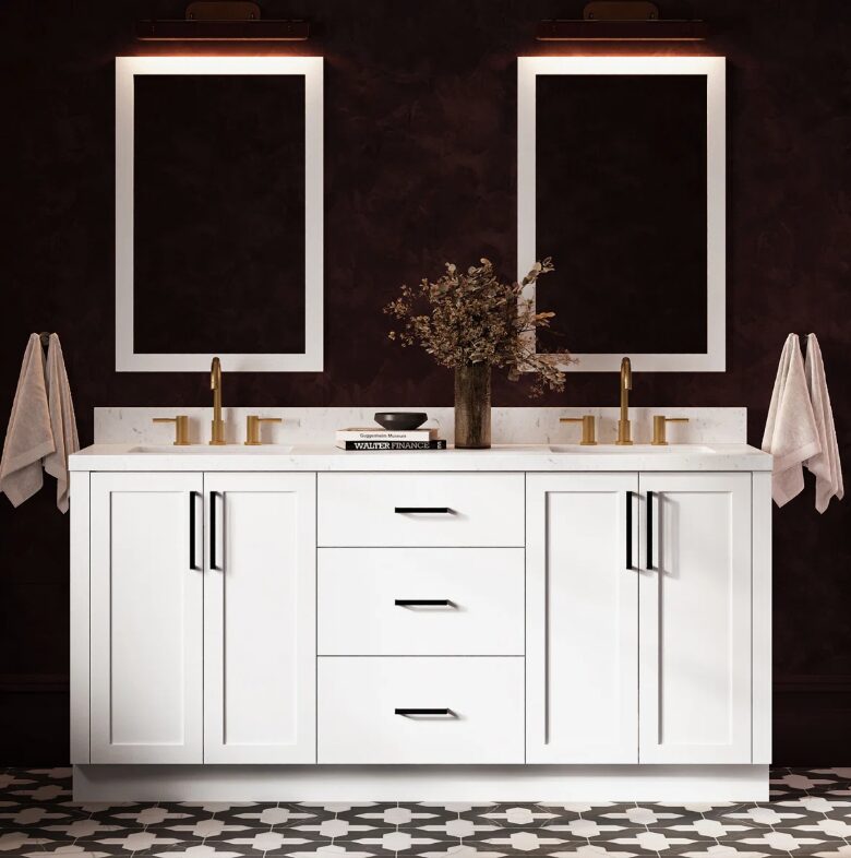 1 72 Inch Pure White Shaker Double Undermount Sink Bathroom Vanity, White Quartz Countertop & Matte Black Hardware