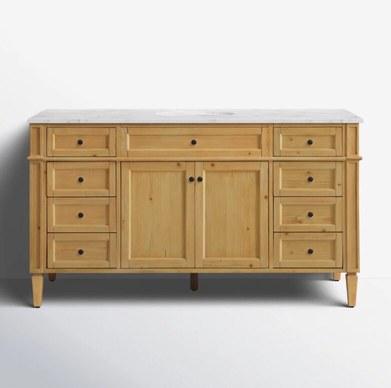 60 Inch Natural Pine Single Undermount Sink Bathroom Vanity, Carrara Marble Countertop & Matte Black Knobs