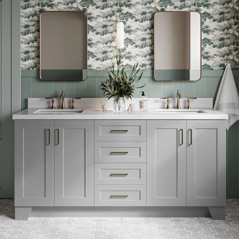 72 Inch Light Gray Shaker Double Undermount Sink Bathroom Vanity, White Quartz Countertop & Brushed Gold Hardware