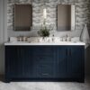 72 Inch Navy Blue Shaker Double Undermount Sink Bathroom Vanity, White Quartz Countertop & Brushed Gold Hardware