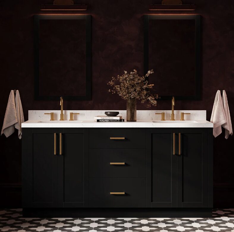 72 Inch Matte Black Shaker Double Undermount Sink Bathroom Vanity, White Marble Vein Quartz Top & Brushed Gold Hardware