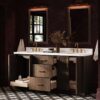 1 72 Inch Walnut Oak Shaker Double Undermount Sink Bathroom Vanity, White Quartz Countertop & Brushed Gold Hardware