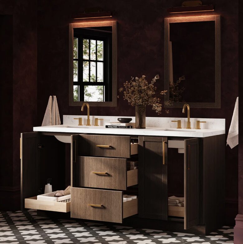 1 72 Inch Walnut Oak Shaker Double Undermount Sink Bathroom Vanity, White Quartz Countertop & Brushed Gold Hardware