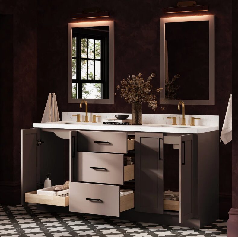 72 Inch Dusty Pink Shaker Double Undermount Sink Bathroom Vanity, White Quartz Countertop & Matte Black Hardware