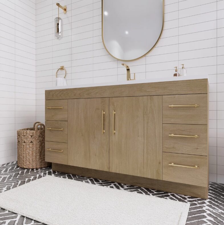 60 Inch Natural Oak Freestanding Single Undermount Sink Bathroom Vanity, White Quartz Top & Brushed Gold Hardware