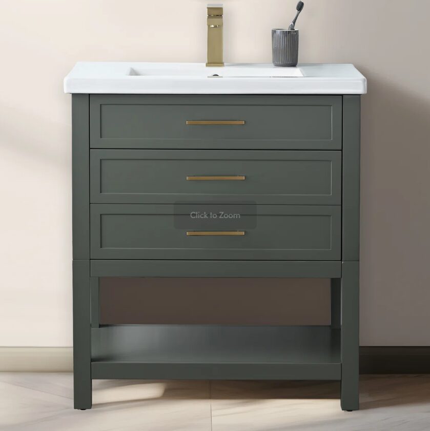 Minimalist Dark Sage All-in-One Bathroom Vanity with Integrated Ceramic Sink