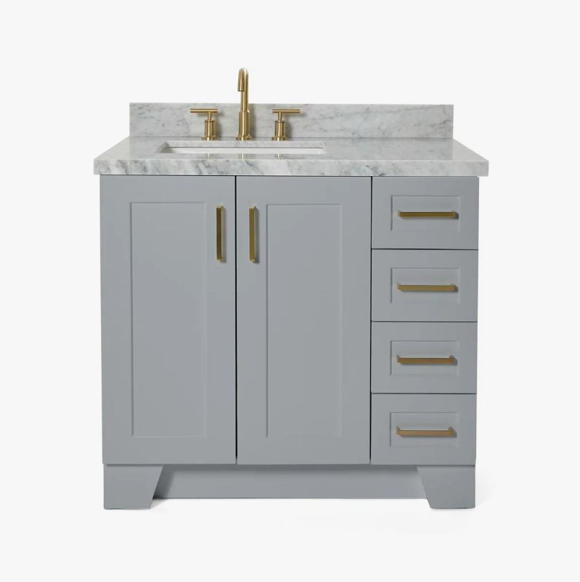 Transitional Light Gray Bathroom Vanity with Soft Close Doors, 4 Drawers & Brushed Gold Hardware