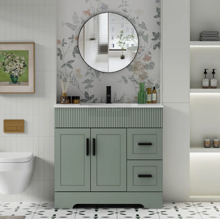 36" Sage Green Fluted Single Sink Bathroom Vanity Cabinet