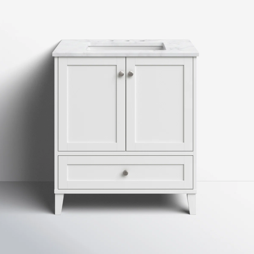 Transitional White Shaker Bathroom Vanity with Nickel Knobs & Undermount Sink