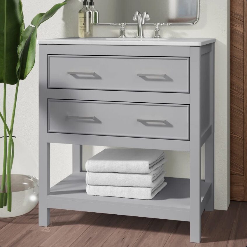 Light Gray Open Shelf Bathroom Vanity with White Quartz Countertop