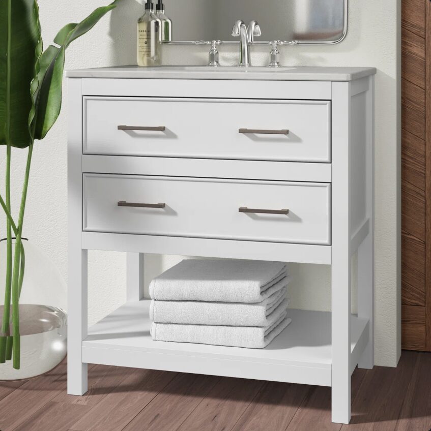 White Open Shelf Bathroom Vanity with White Quartz Countertop