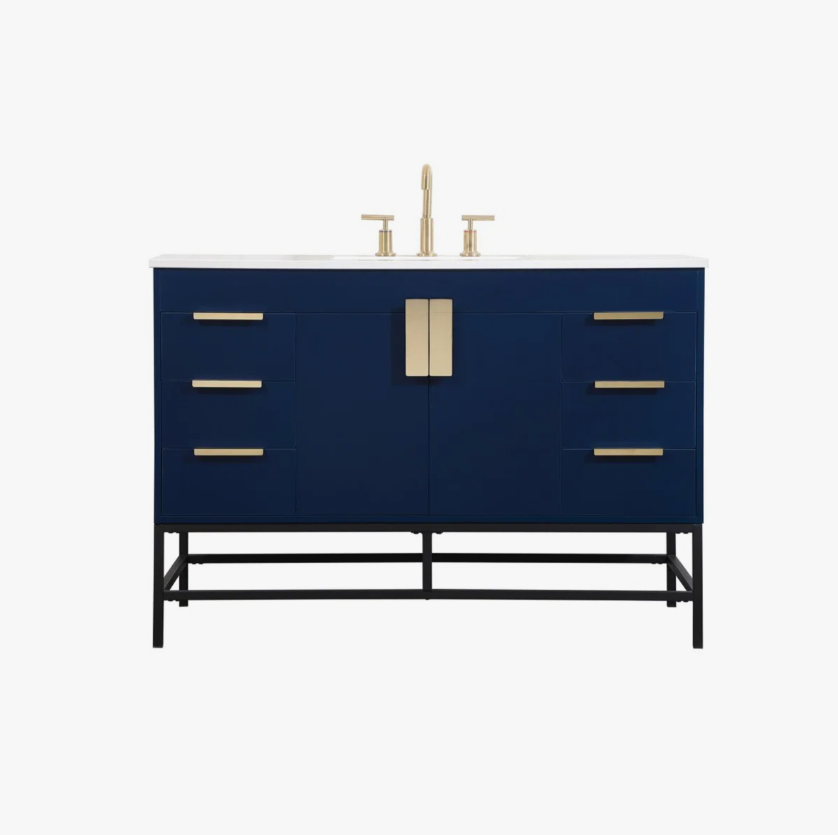 48 Inch Navy Blue Freestanding Bathroom Vanity with Gold Hardware
