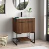 1 24 Inch Walnut Wood Industrial Freestanding Bathroom Vanity with Black Metal Frame