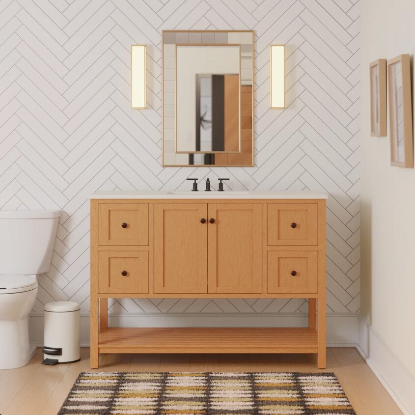 Open Air Oak Bathroom Vanity with 4 Drawers & Double Shaker Doors