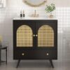 1 30 Inch Black Mid-Century Rattan Freestanding Single Sink Bathroom Vanity with Gold Knobs
