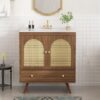 1 30 Inch Walnut Mid-Century Rattan Single Sink Bathroom Vanity with Gold Knobs