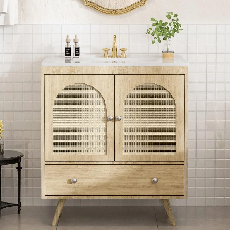 Arched Rattan Door Mid-Century Modern Bathroom Vanity Cabinet