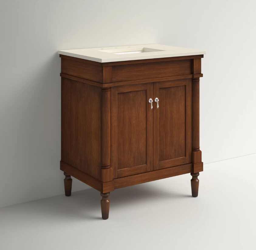 30 Inch Vintage Walnut Traditional Freestanding Single Sink Bathroom Vanity with Turned Legs