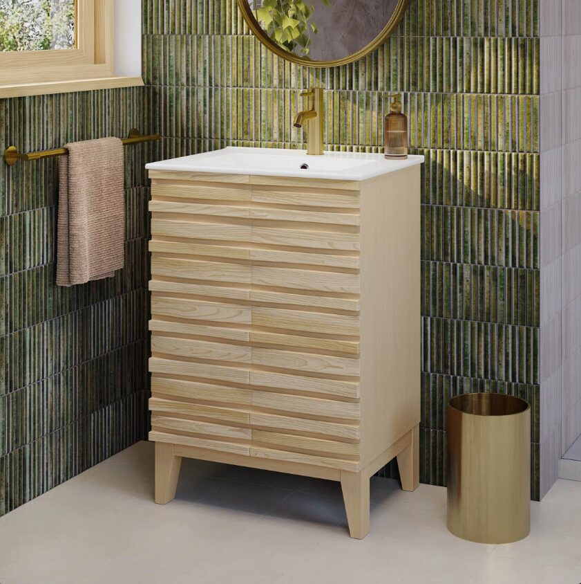 Handleless Slat Front Modern Light Wood Single Sink Vanity Cabinet