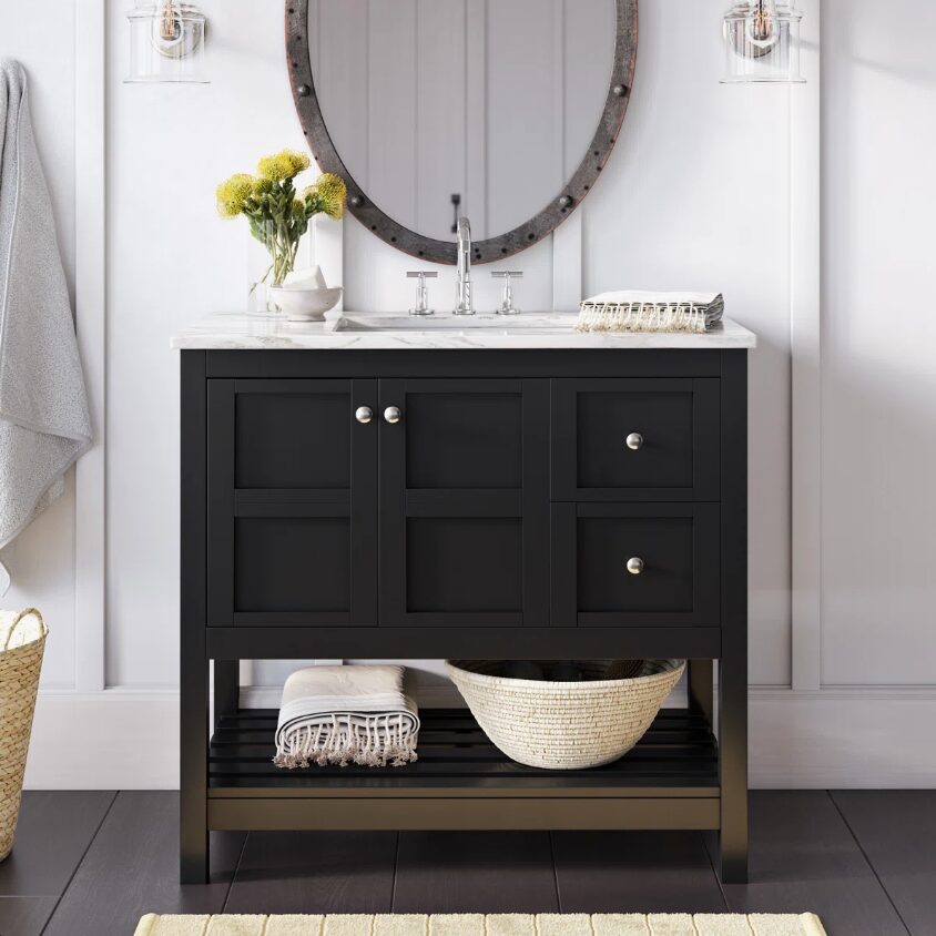 Farmhouse Black Shaker Single Sink Vanity Cabinet with Bottom Storage Shelf