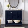 36 Inch Navy Blue Shaker Farmhouse Bathroom Vanity with Marble Top & Slatted Shelf