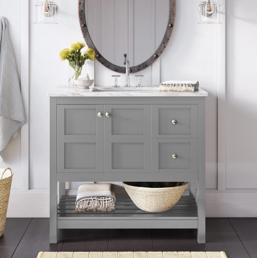 Gray Shaker Single Sink Vanity Cabinet with Silver Knobs & Open Bottom Storage
