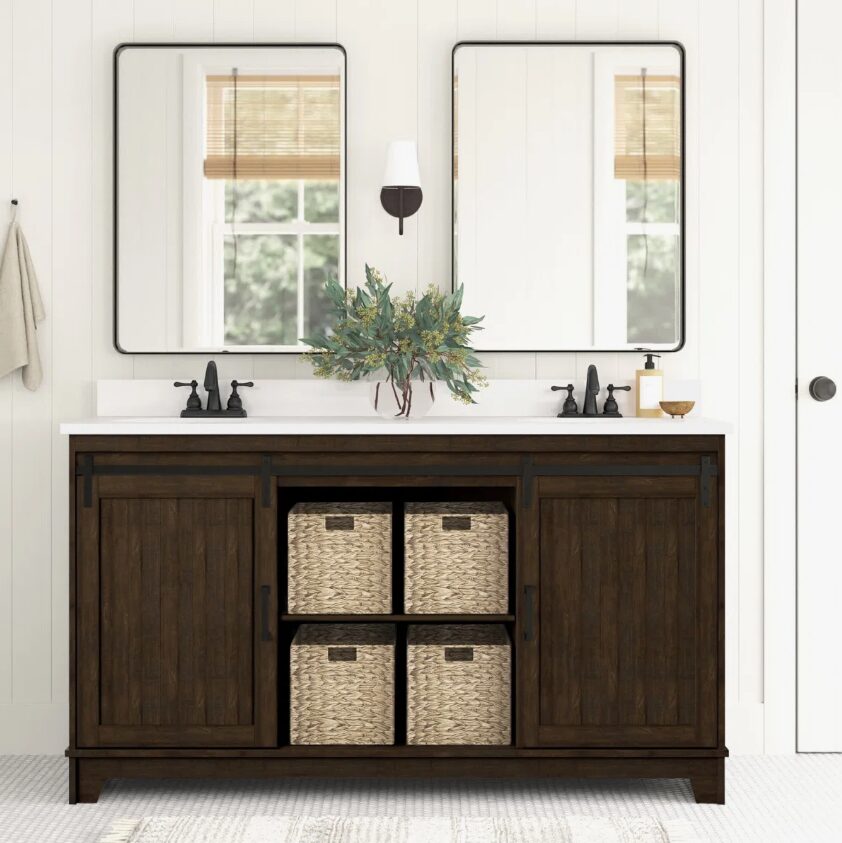 Dark Oak Double Sink Bathroom Vanity with Open Central Storage Space
