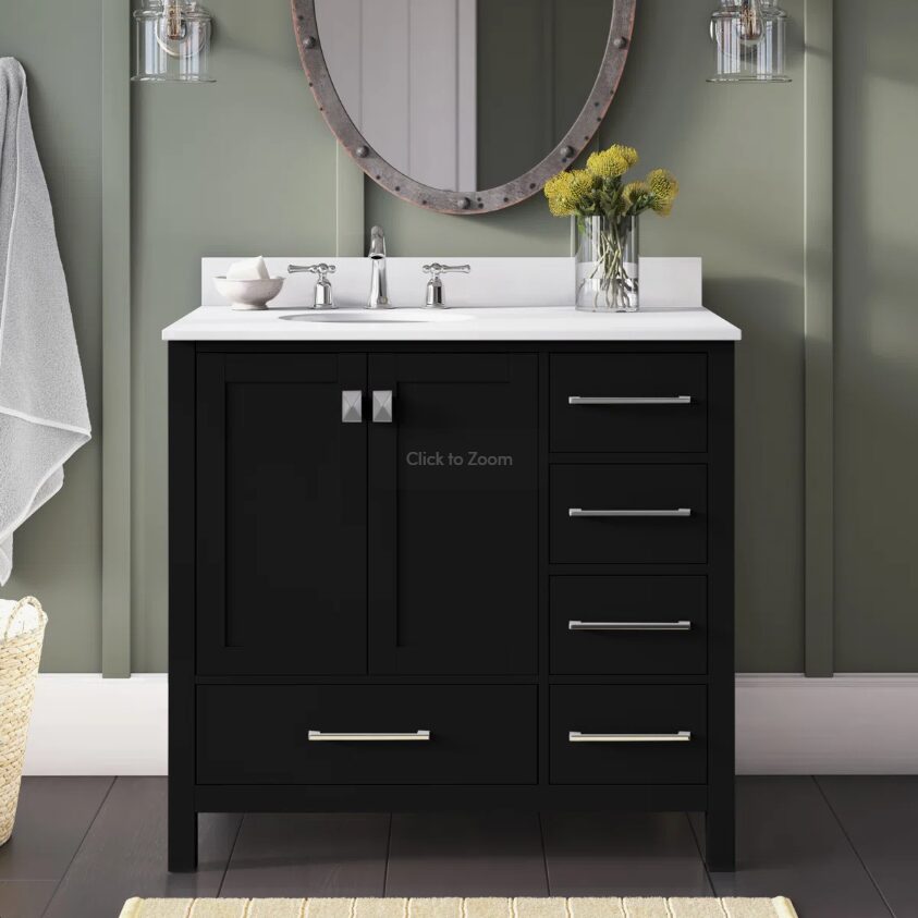 Modern Single Sink Black Bathroom Vanity Cabinet with Silver Hardware