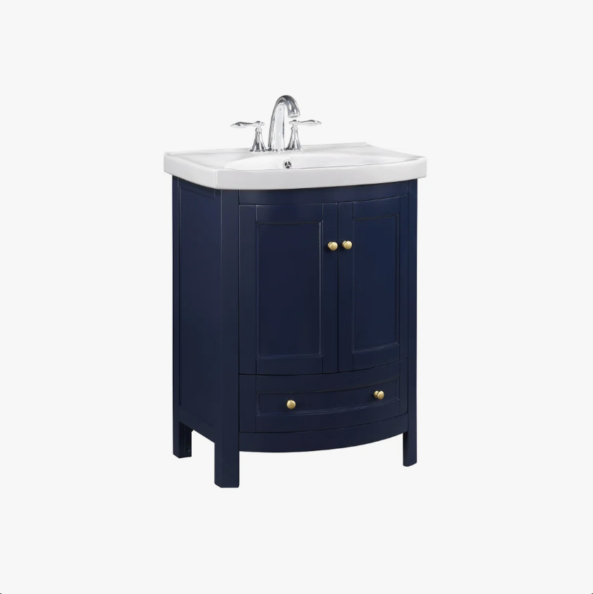 24 Inch Curved Navy Blue Freestanding Bathroom Vanity with Ceramic Sink & Gold Knobs