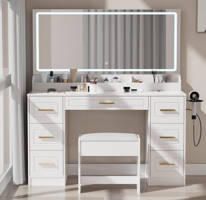 1 White LED Makeup Vanity Table with 7 Drawers & Stool