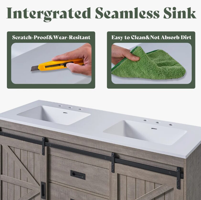10 Rustic Grey Wood Double Vanity Cabinet with Storage Drawers