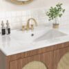 10 30 Inch Walnut Mid-Century Rattan Single Sink Bathroom Vanity with Gold Knobs