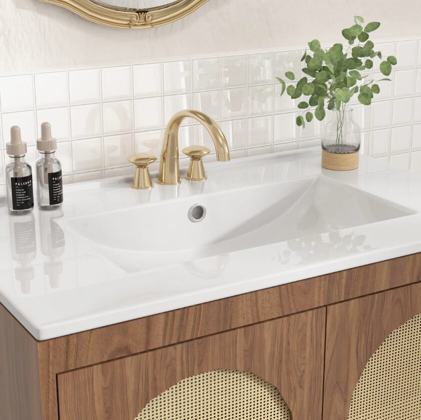 10 30 Inch Walnut Mid-Century Rattan Single Sink Bathroom Vanity with Gold Knobs