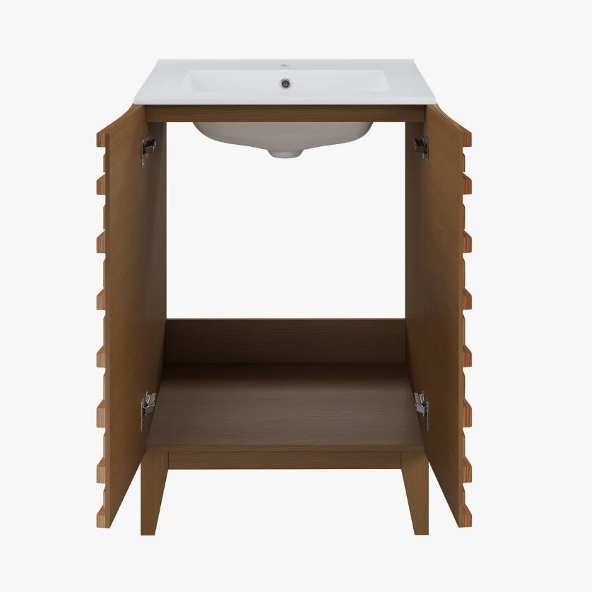 Contemporary Horizontal Slat Wood Bathroom Vanity with Integrated Sink
