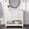 10 36 Inch White Shaker Farmhouse Freestanding Bathroom Vanity with Marble Top & Slatted Shelf
